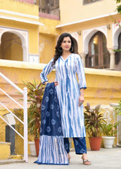SalwarLove Fully Stitched Printed Cotton Kurta, Pant & Dupatta Set | Color: Indigo Blue & White