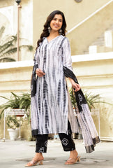 SalwarLove Fully Stitched Printed Cotton Kurta, Pant & Dupatta Set | Color: Black & White