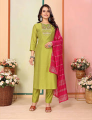 SalwarLove Designer Silk Kurta Set with Embroidered Neckline & Contrast Dupatta-Parrot
