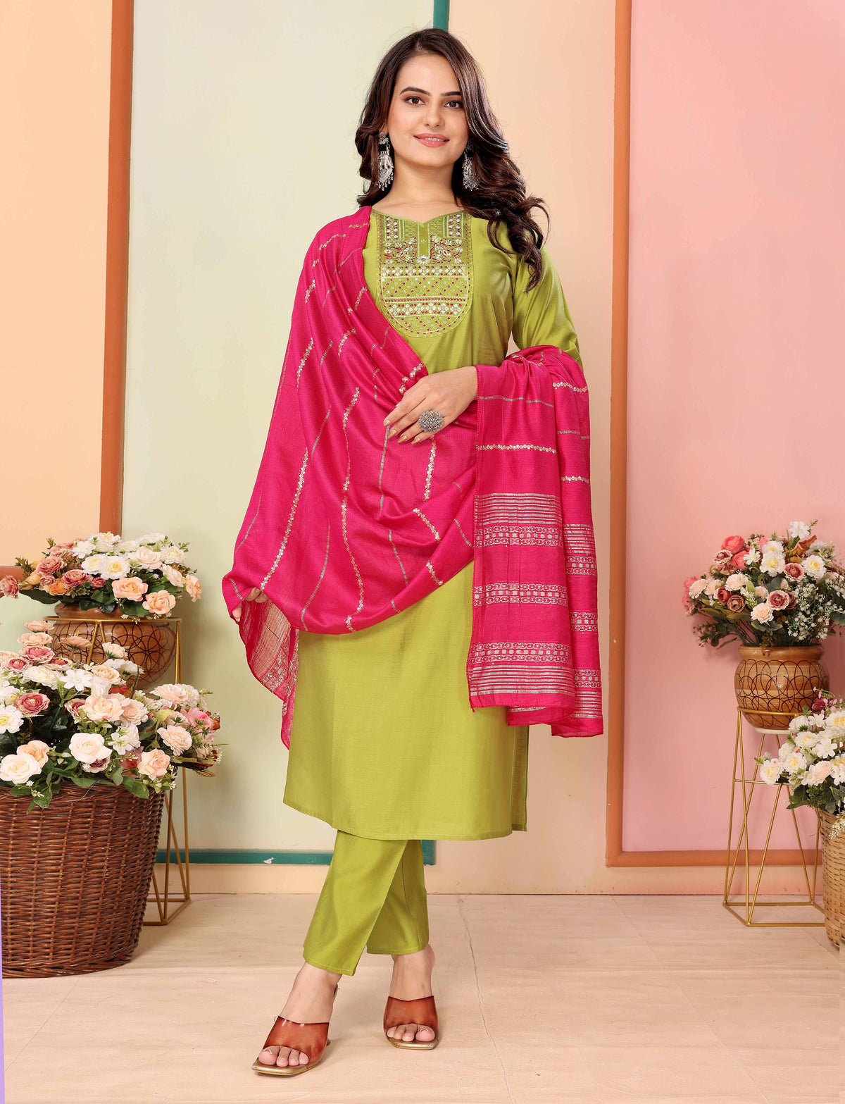 SalwarLove Designer Silk Kurta Set with Embroidered Neckline & Contrast Dupatta-Parrot