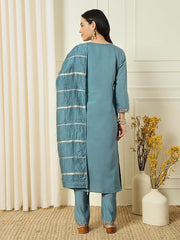 SalwarLove Sky Blue Embroidered Chanderi Suit Set for Women.