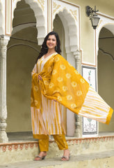 SalwarLove Fully Stitched Printed Cotton Kurta, Pant & Dupatta Set | Color: yellow & White