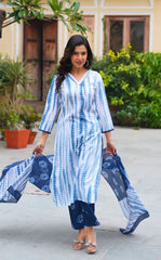 SalwarLove Fully Stitched Printed Cotton Kurta, Pant & Dupatta Set | Color: Indigo Blue & White
