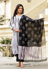 SalwarLove Fully Stitched Printed Cotton Kurta, Pant & Dupatta Set | Color: Black & White