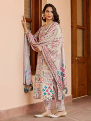 SalwarLove Women’s Printed Cotton Suit Set with Lace Border Sleeves & Patch Neck.