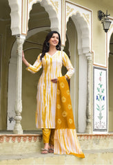 SalwarLove Fully Stitched Printed Cotton Kurta, Pant & Dupatta Set | Color: yellow & White