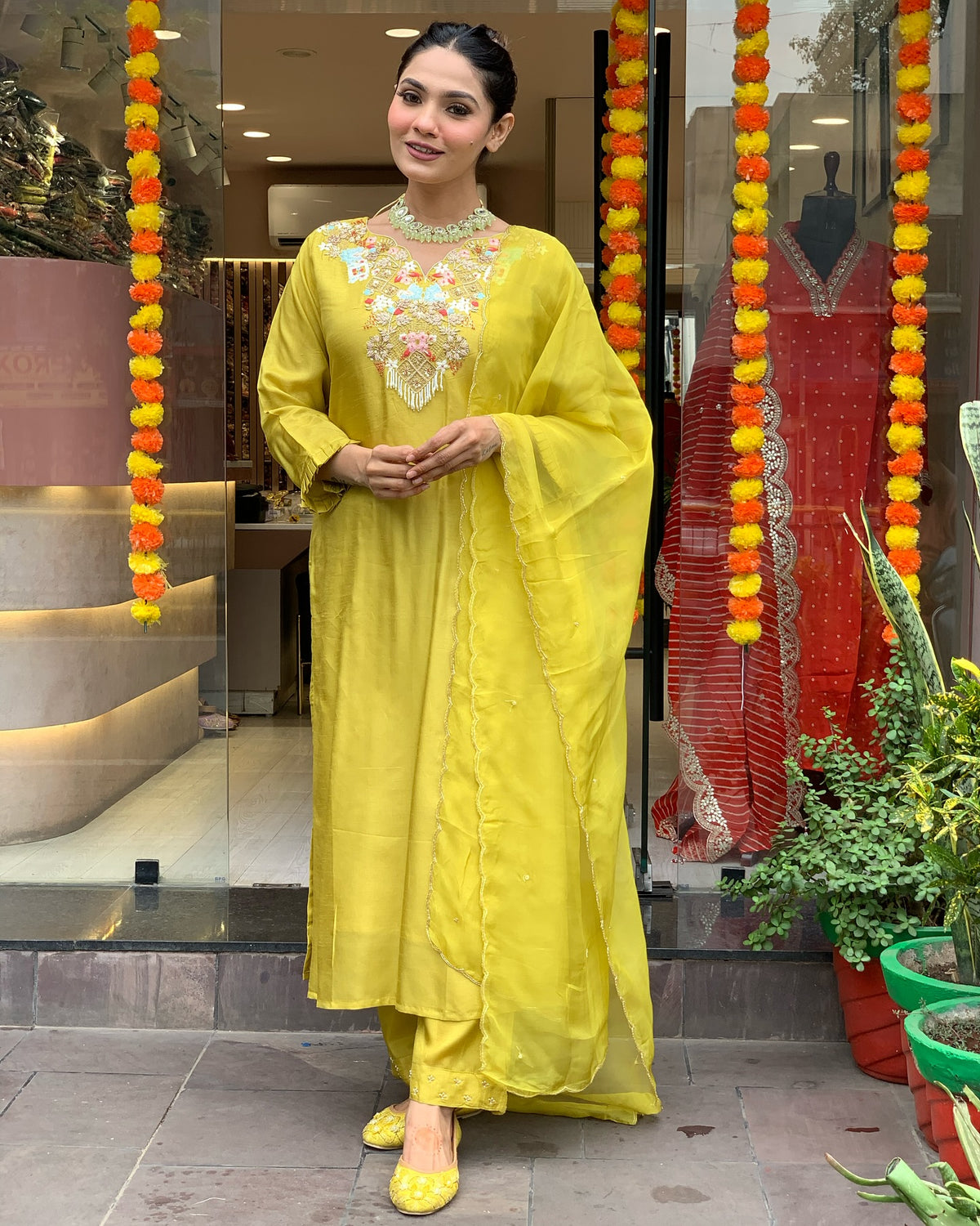 Radiant Charm: Yellow Chanderi Silk Suit with Organza Dupatta.