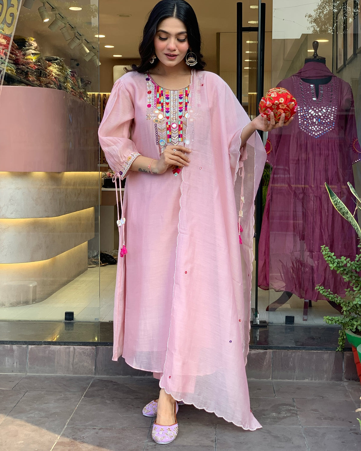 SalwarLove Stitched Chanderi Silk Kurti Set for Women – Soft Pink with Ethnic Detailing.