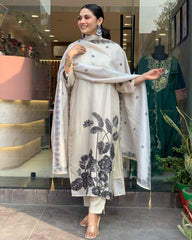 Salwar Love Minimalist Chic: Cream Cotton Kurta Set with Intricate Black Floral Embroidery and Coordinated Dupatta Off White.