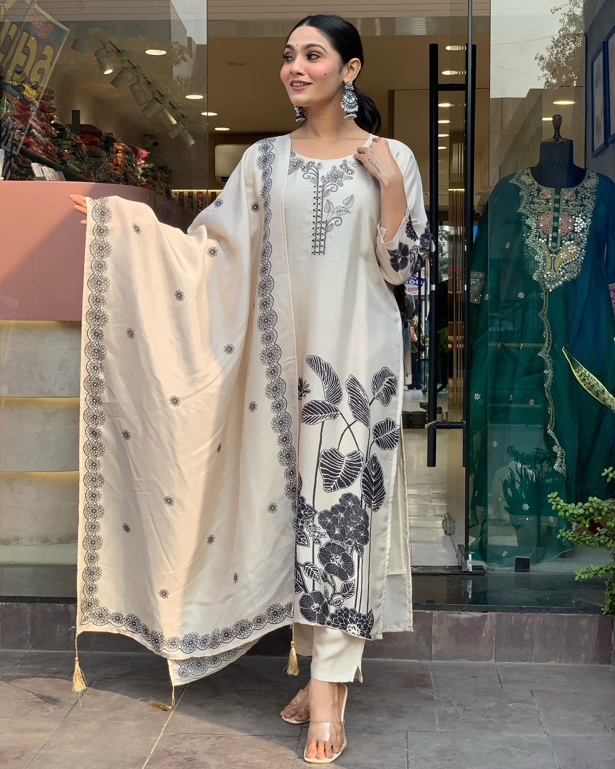 Salwar Love Minimalist Chic: Cream Cotton Kurta Set with Intricate Black Floral Embroidery and Coordinated Dupatta Off White.