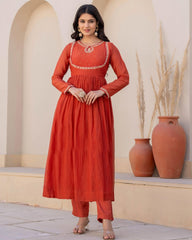 SalwarLove Designer Rust Orange Suit Set for Women – Viscose Silk Anarkali Kurta with Silk Dupatta and Churidar Bottom