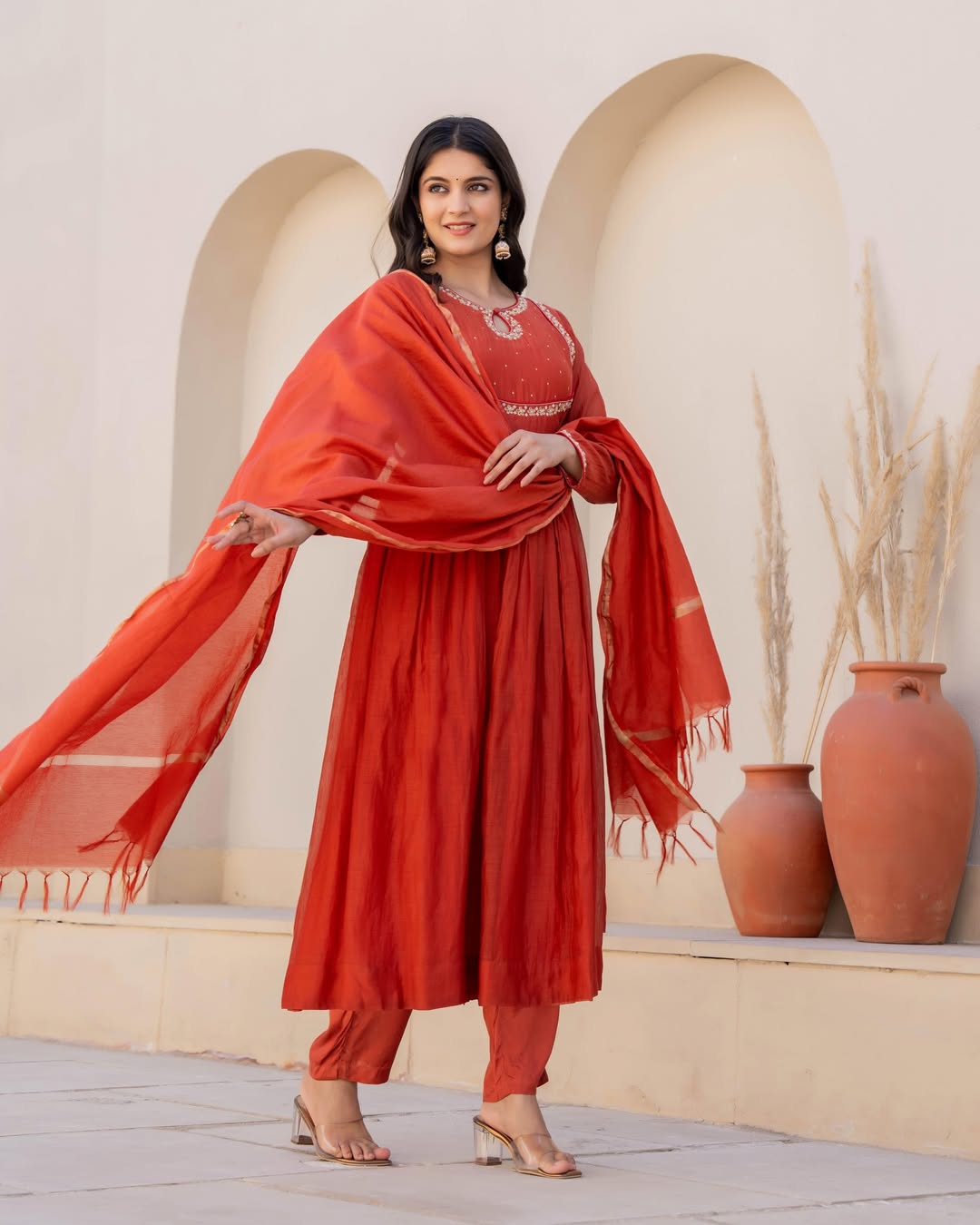 SalwarLove Designer Rust Orange Suit Set for Women – Viscose Silk Anarkali Kurta with Silk Dupatta and Churidar Bottom