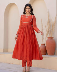 SalwarLove Designer Rust Orange Suit Set for Women – Viscose Silk Anarkali Kurta with Silk Dupatta and Churidar Bottom