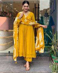 salwarLove Women's Festive Wear Mustard Suit Set in Chinon Silk with Chanderi Bottom.