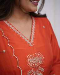 Salwar Love Embroidered Sunshine: Viscose Chanderi Orange Suit with Scalloped Dupatta – A Festive Favorite.