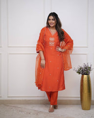 Salwar Love Embroidered Sunshine: Viscose Chanderi Orange Suit with Scalloped Dupatta – A Festive Favorite.