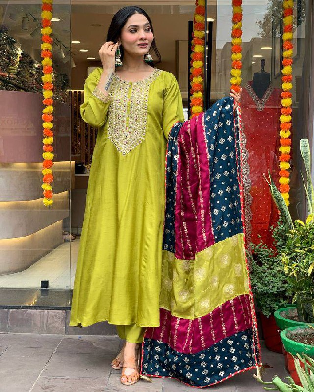 SawarLove Charming Green Kurta Set with Multicolor Bandhani Dupatta.