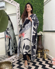 SalwarLove Designer Grey and Black Rayon Kurta Set with Luxurious Tebby Silk Printed Dupatta | Soft & Breathable Fabric .