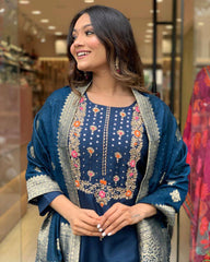 SalwarLove Women's Petrol Blue Embroidered Viscose Rayon Kurta Set with Jacquard Dupatta.