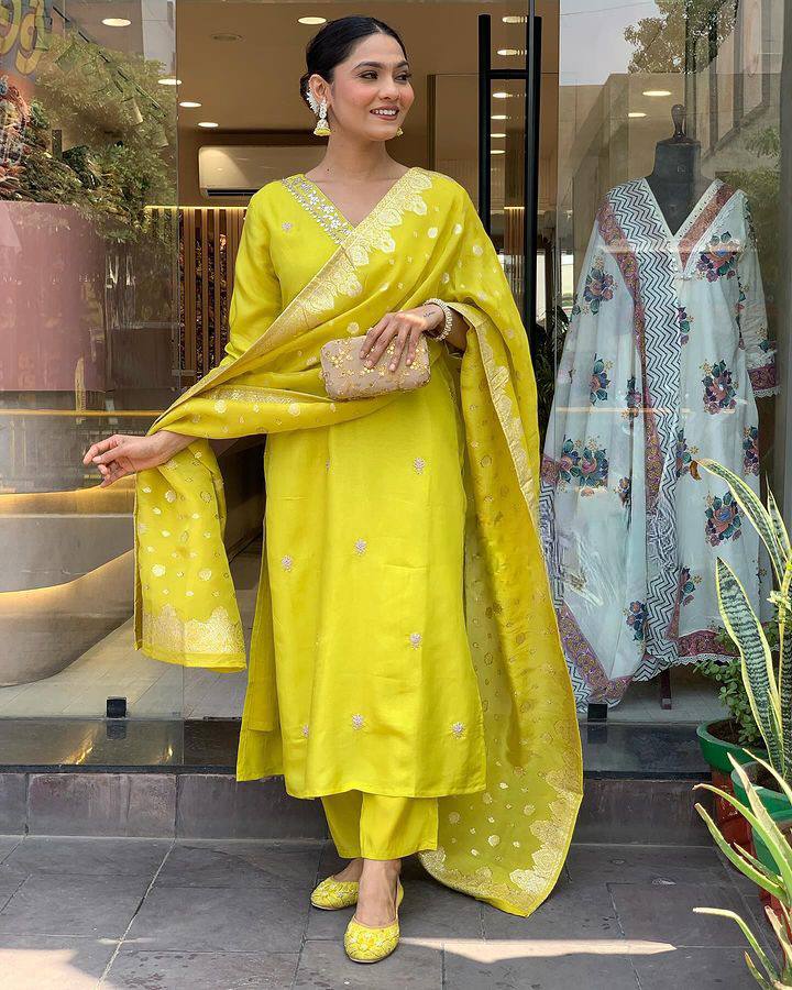 SalwarLove Traditional Yellow Chanderi Suit with Contemporary Solid Look and Jacquard Touch.