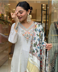 SalwarLove Elegant Off-White Embroidered Kurti Set with Printed Dupatta.