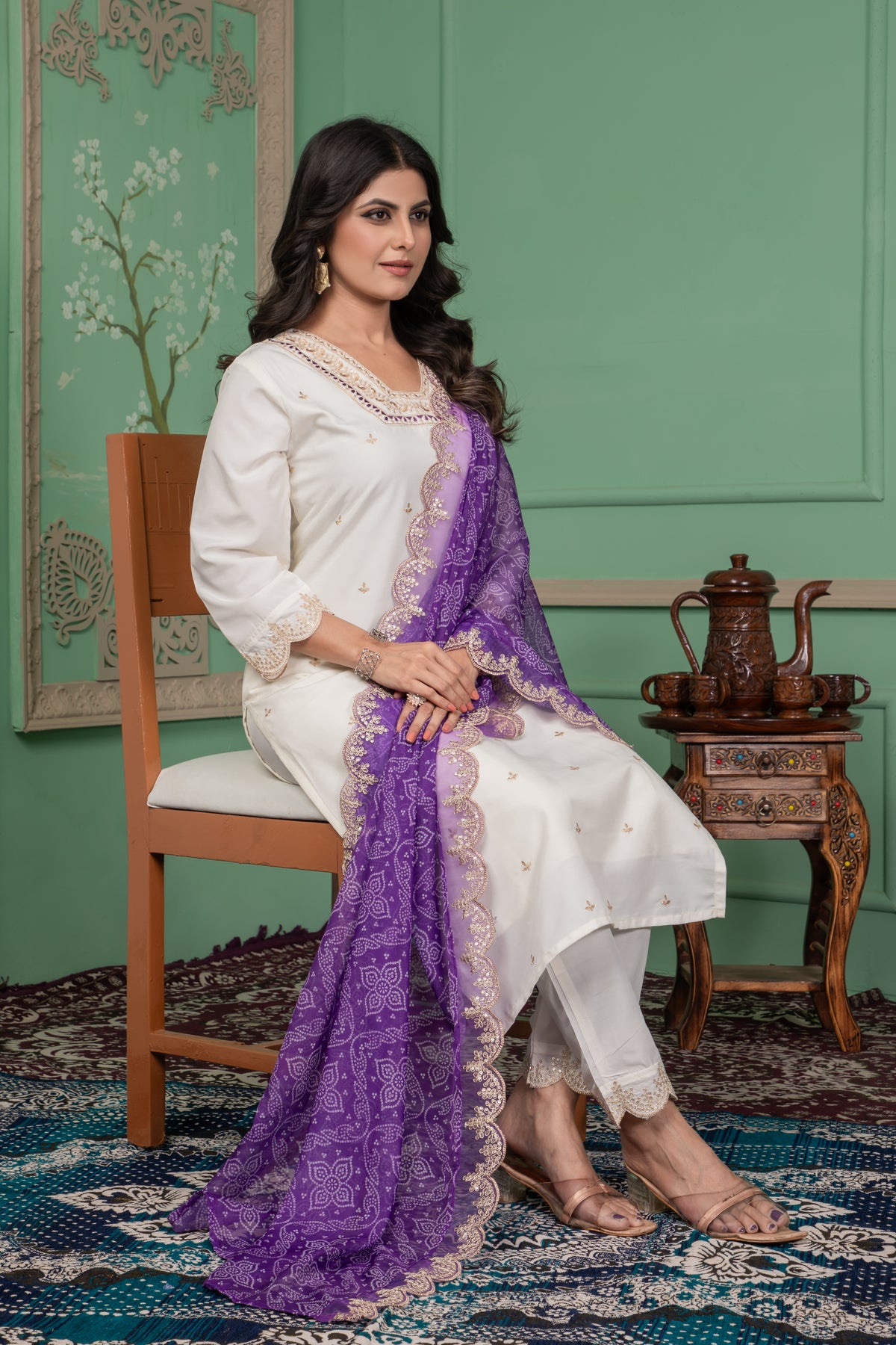SalwarLove Traditional Roman Silk Kurta Pant Set with Embroidered Neckline and Bandhani Printed Embellished Dupatta Purple White.