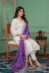 SalwarLove Traditional Roman Silk Kurta Pant Set with Embroidered Neckline and Bandhani Printed Embellished Dupatta Purple White.