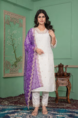 SalwarLove Traditional Roman Silk Kurta Pant Set with Embroidered Neckline and Bandhani Printed Embellished Dupatta Purple White.