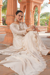 SalvarLove Embroidered Anarkali Suit in Vichitra Silk with Dupatta – Cream Color.