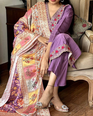 SalwarLove Elegant Lavender & Mustard Viscose Chanderi Salwar Suit Set with Printed Silk Crepe Dupatta – Soft Solid Kurti, Stitched Bottom & Vibrant Dupatta – Sizes S to XXL – Perfect for Festive & Casual Wear