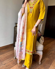 SalwarLove Ready to Wear Mustard Suit Set | Viscose Chanderi Kurti with Printed Silk Crepe Dupatta