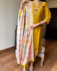 SalwarLove Ready to Wear Mustard Suit Set | Viscose Chanderi Kurti with Printed Silk Crepe Dupatta
