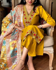 SalwarLove Ready to Wear Mustard Suit Set | Viscose Chanderi Kurti with Printed Silk Crepe Dupatta