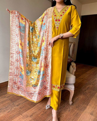 SalwarLove Ready to Wear Mustard Suit Set | Viscose Chanderi Kurti with Printed Silk Crepe Dupatta