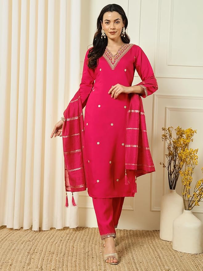 SalwarLove Traditional Touch: Red Embroidered Chanderi Kurti Set.