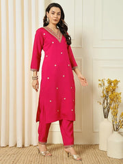 SalwarLove Traditional Touch: Red Embroidered Chanderi Kurti Set.