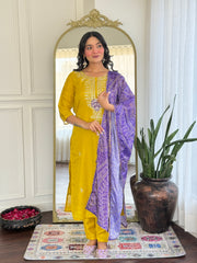 SalwarLover Mustard Vichitra Silk Suit with Purple Chinon Dupatta.
