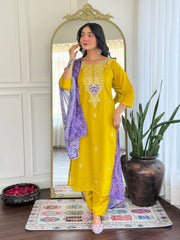 SalwarLover Mustard Vichitra Silk Suit with Purple Chinon Dupatta.