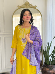 SalwarLover Mustard Vichitra Silk Suit with Purple Chinon Dupatta.