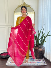 SalwarLove Elegant Mustard Kurta with Intricate Thread Embroidery and Contrasting Pink Dupatta – Ideal for Wedding and Festive Occasions.