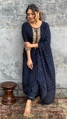 SalwarLove Navy Blue Embroidered Viscose Chanderi Salwar Suit Set with Jacquard Dupatta | Stitched Kurti & Bottom