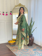 SalwarLove Women’s Yellow Embroidered Straight Kurta Set with Designer Green Dupatta .