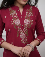 SalwarLove Elegant Maroon Rayon Embroidered Suit Set for Women