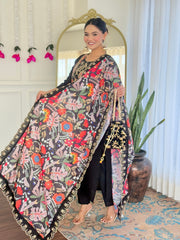 SalwarLove Elegant Floral Printed Georgette Suit with Embroidered Neck and Plain Roman Silk Bottom.