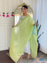 SalwarLove Long White Chanderi Suit with Jacquard Dupatta.
