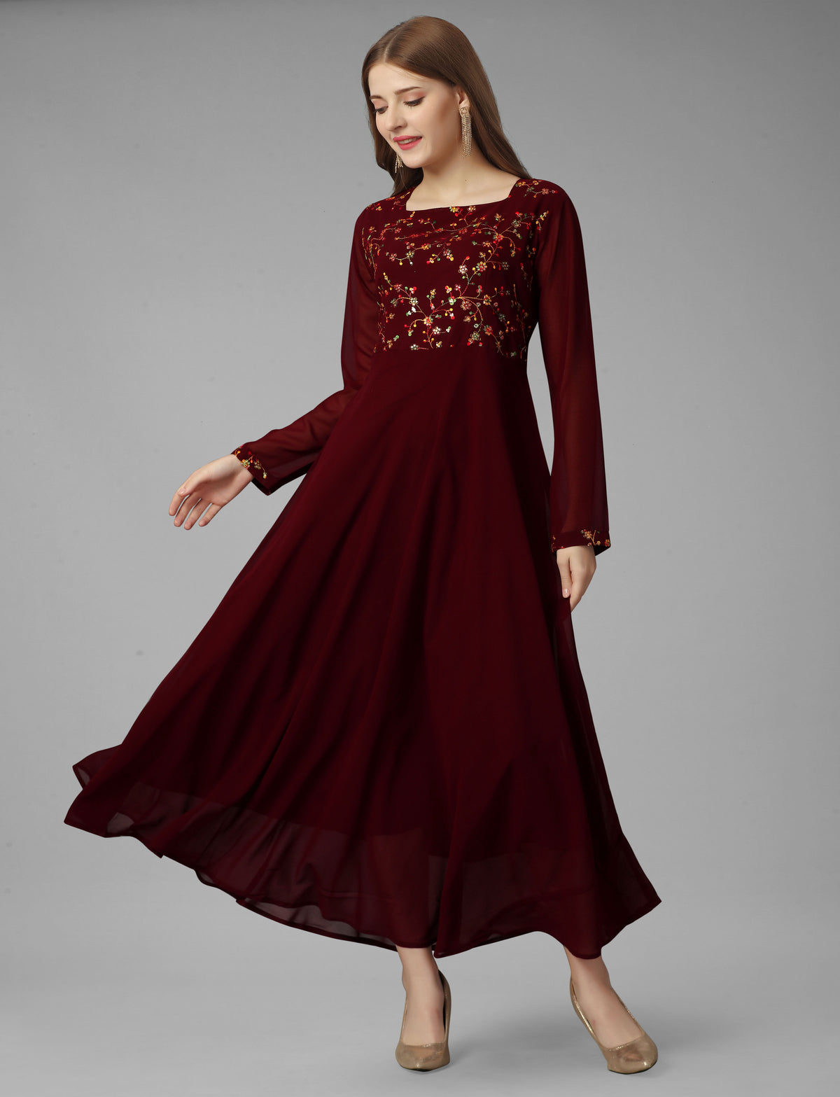 SalwarLove Maroon Embroidered Georgette Gown Elegant Flow | Fully Stitched | Embroidered Yoke | Party-Perfect-Maroon