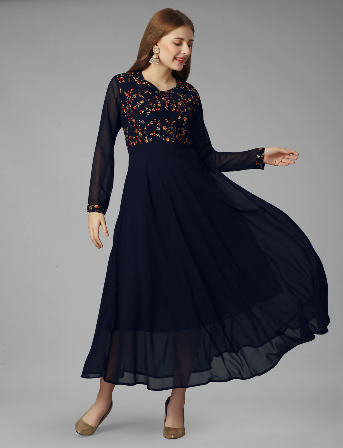SalwarLove Georgette Embroidery Full Stitched Anarkali Gown Sophisticated Charm | Elegant Flow | Fully Stitched | Festive Wear-Navy Blue