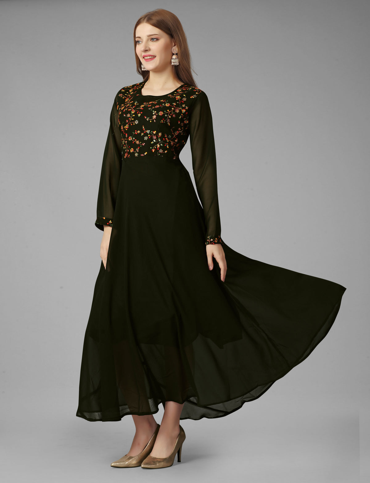 SalwarLove Elegant Flow | Fully Stitched Gown | Embroidered Yoke | Party-Perfect-Mehendi