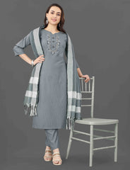 SalwarLove Refined Elegance – Cotton Blend Suit And Duptta with Mirror Detailing-Grey