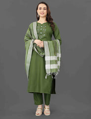 SalvarLove Sophisticated Cotton Suit Set with Embroidered Neckline-Mhendi